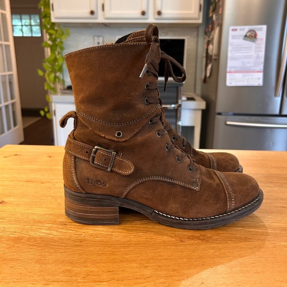 Taos Boots Womens 40 9-9.5 Crave Brown Suede Lace Combat Side Zip Buckle Lug